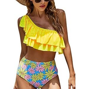One Shoulder Two Piece Swimsuit Women L Yellow Sunflower Ruffle 795 NWT